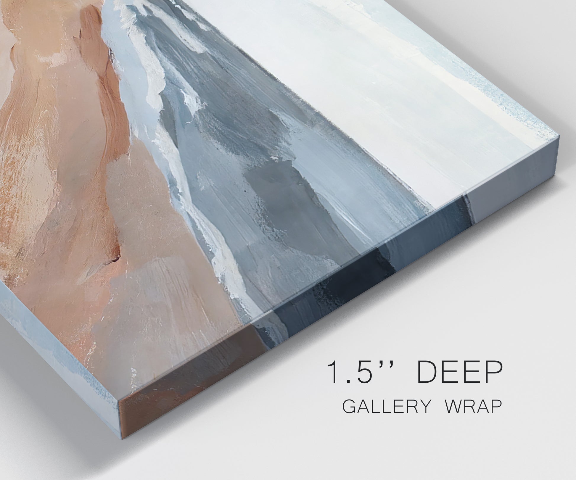 Close-up view of wrapped canvas corner featuring abstract coastal beach composition.