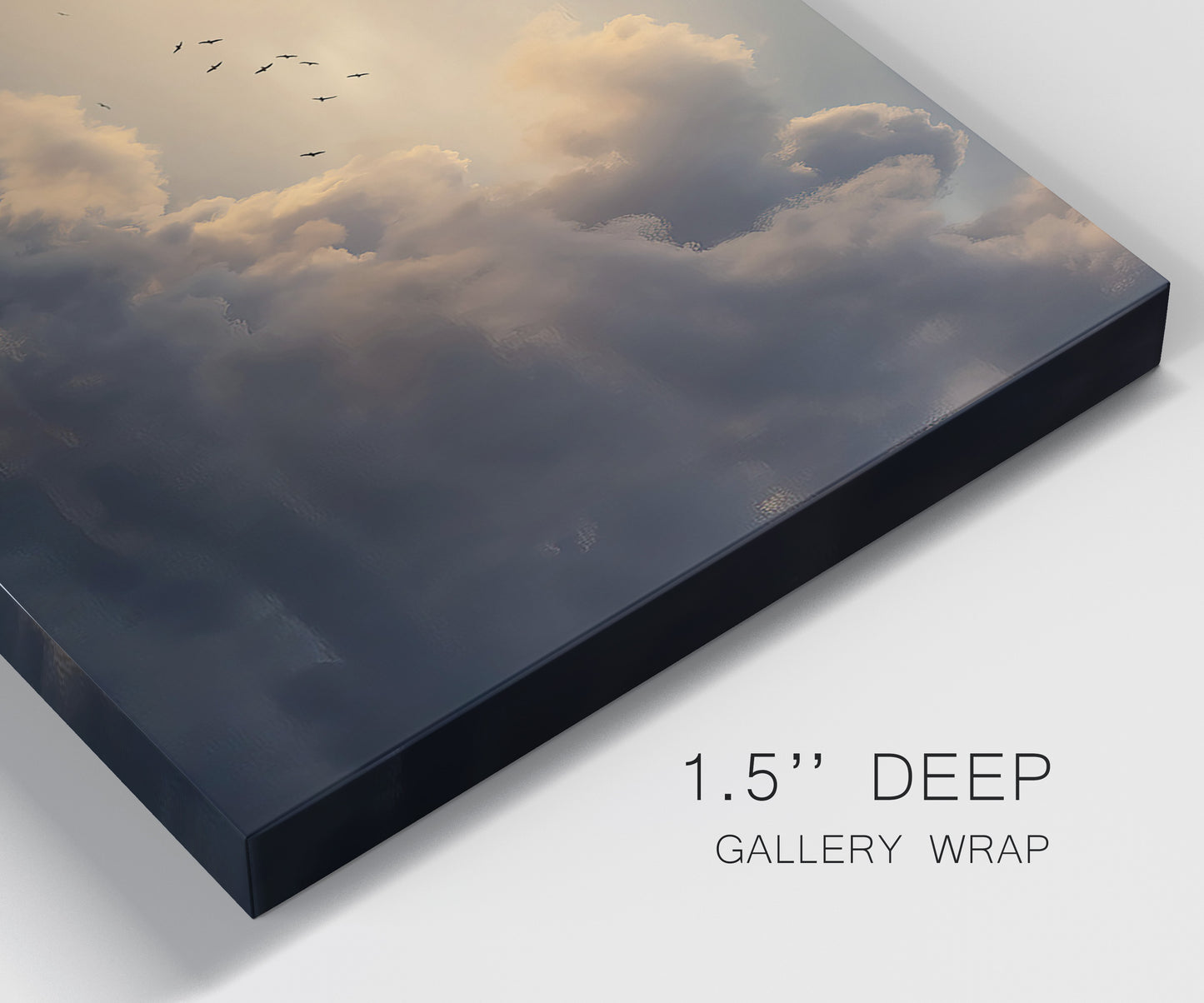 Close-up view of wrapped canvas corner featuring surreal floating figures above landscape.