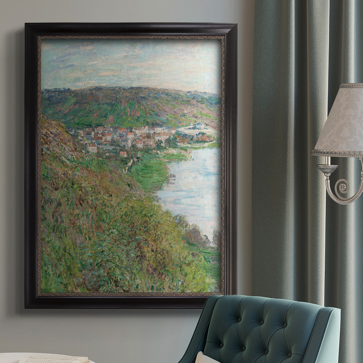Impressionist landscape view of Vétheuil by Claude Monet in an {frame_style_descriptor} displayed in a neutral interior setting.