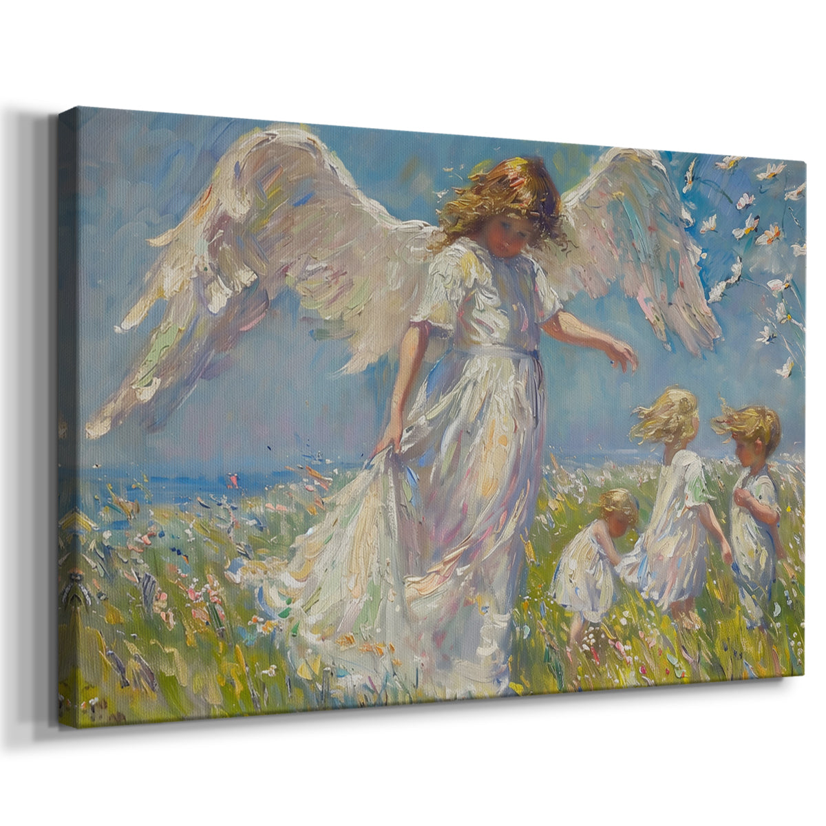 angel,children,meadow,wildflowers,wings,innocence,exploration,nature,sky,sunlight,serene,vibrant,interaction,joy,outdoors,pastoral,fantasy,gentle,beauty,scenery,playful,purity,guardianship,soft,figures,bright,blooming,connection,ethereal,dreamlike,harmony,background,landscape,tranquility,soft colors,inspiring,uplifting,whimsical,family,growth,wonder,freedom