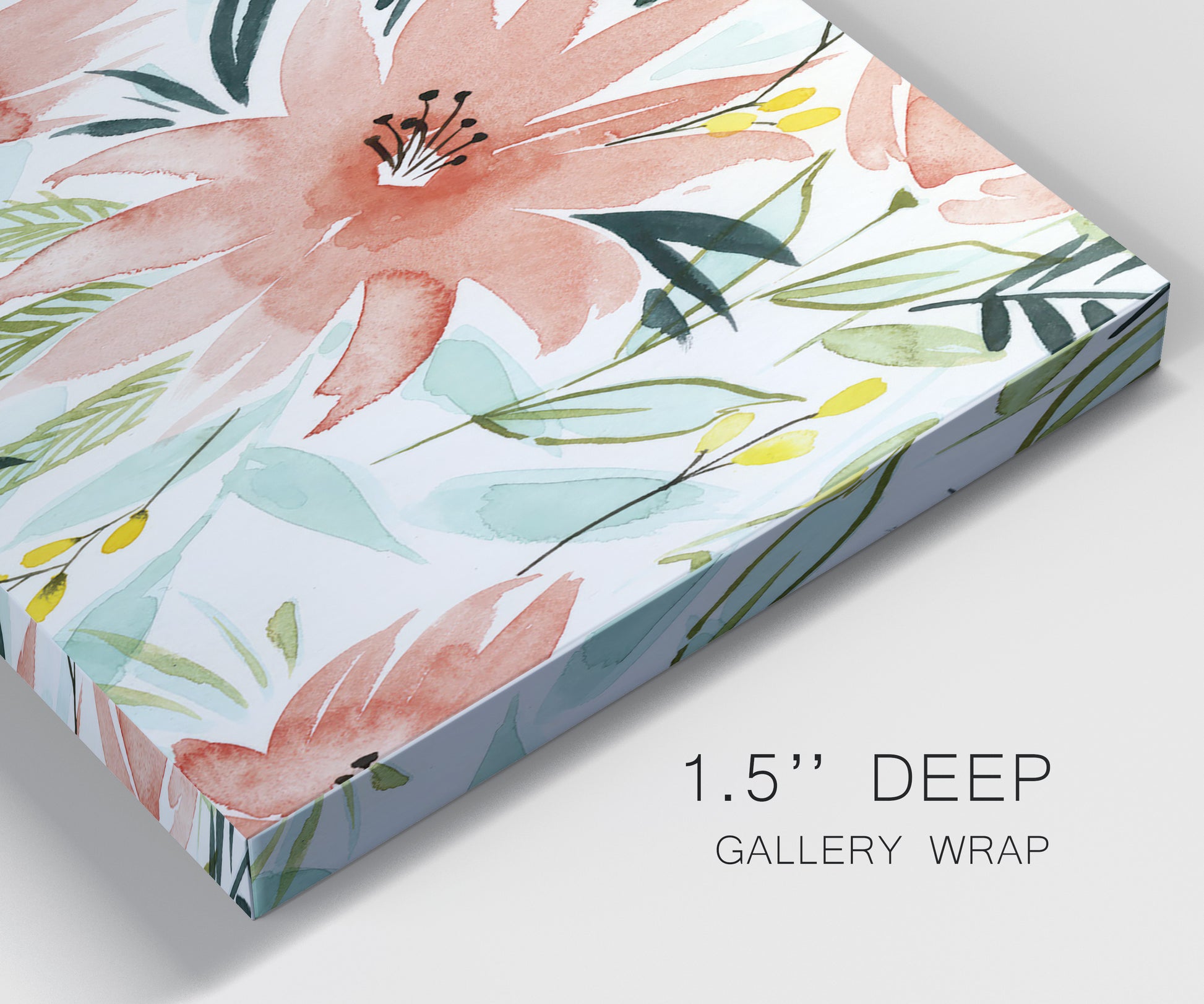 Close-up view of wrapped canvas corner featuring tropical botanical collage.