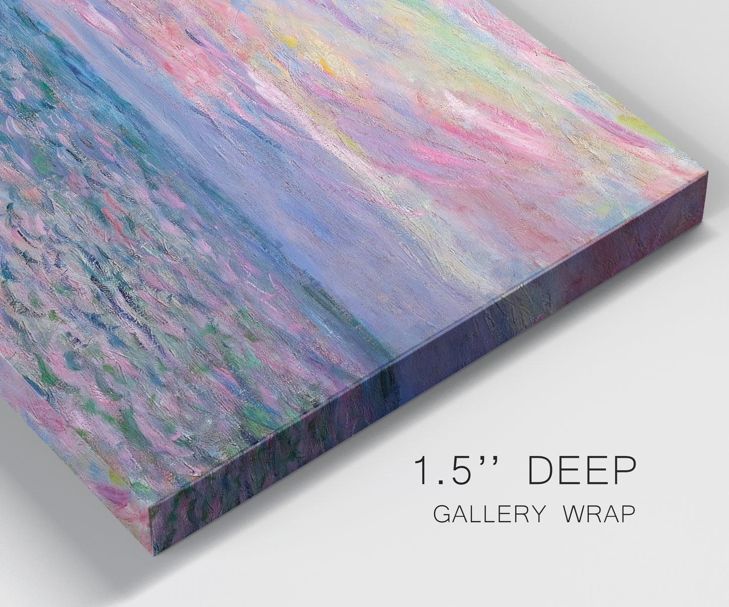 Close-up view of wrapped canvas corner featuring sunset reflections across calm sea.