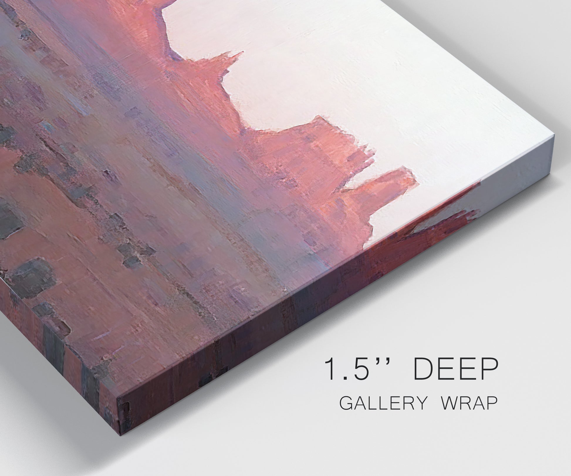 Close-up view of wrapped canvas corner featuring red rock desert formations at dusk.