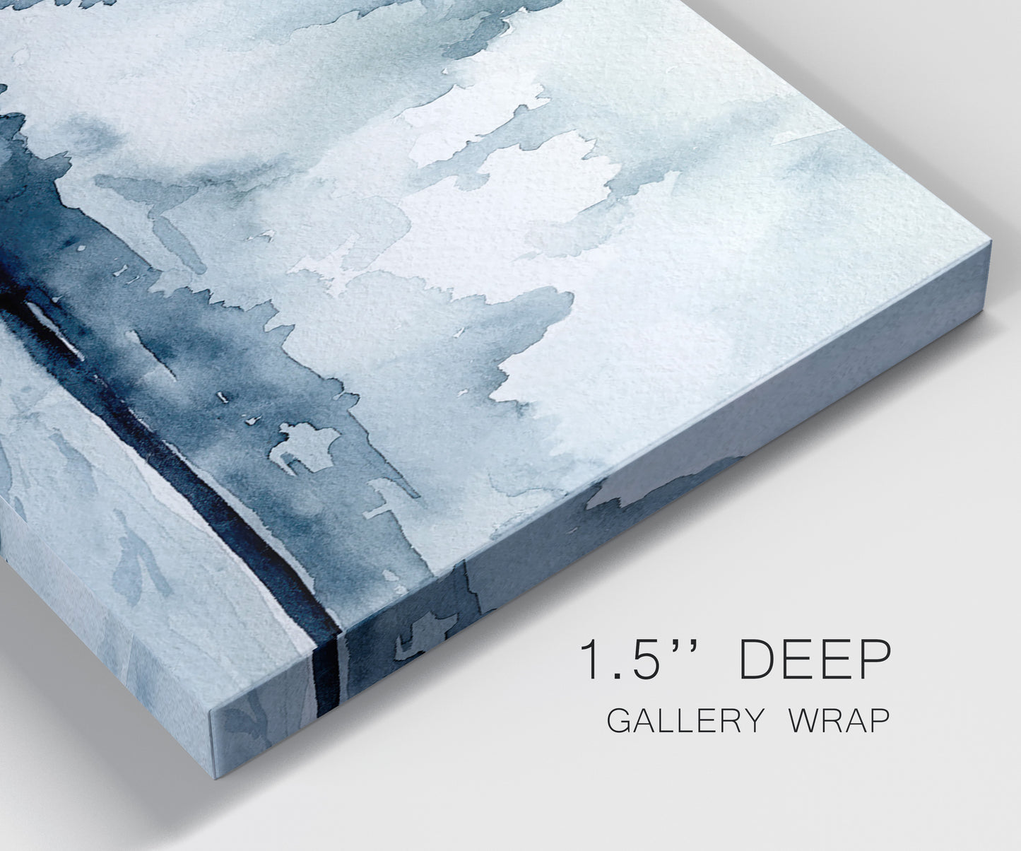 Close-up view of wrapped canvas corner featuring abstract rainstorm watercolor.
