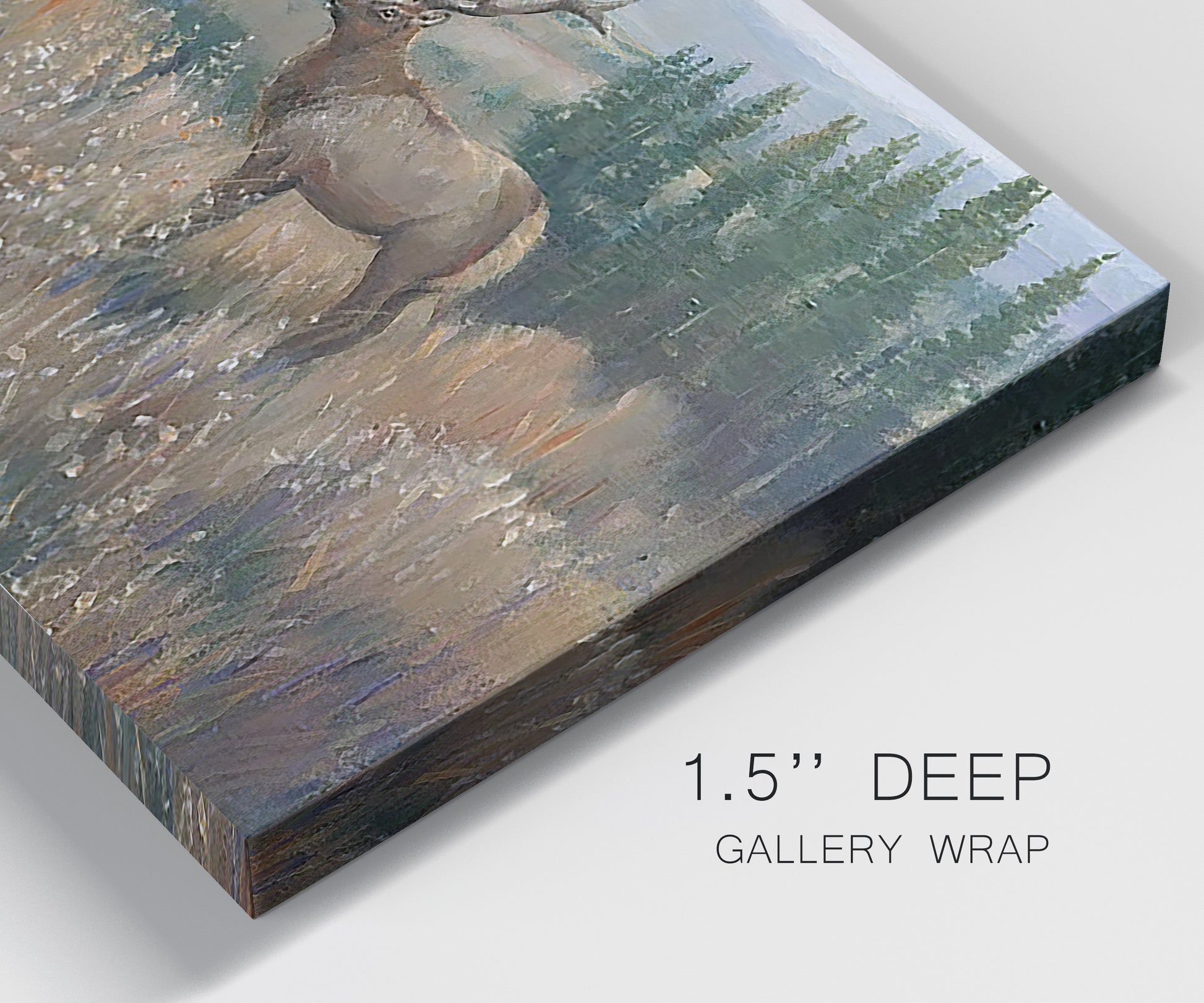 Close-up view of wrapped canvas corner featuring western wildlife standing in grassland.