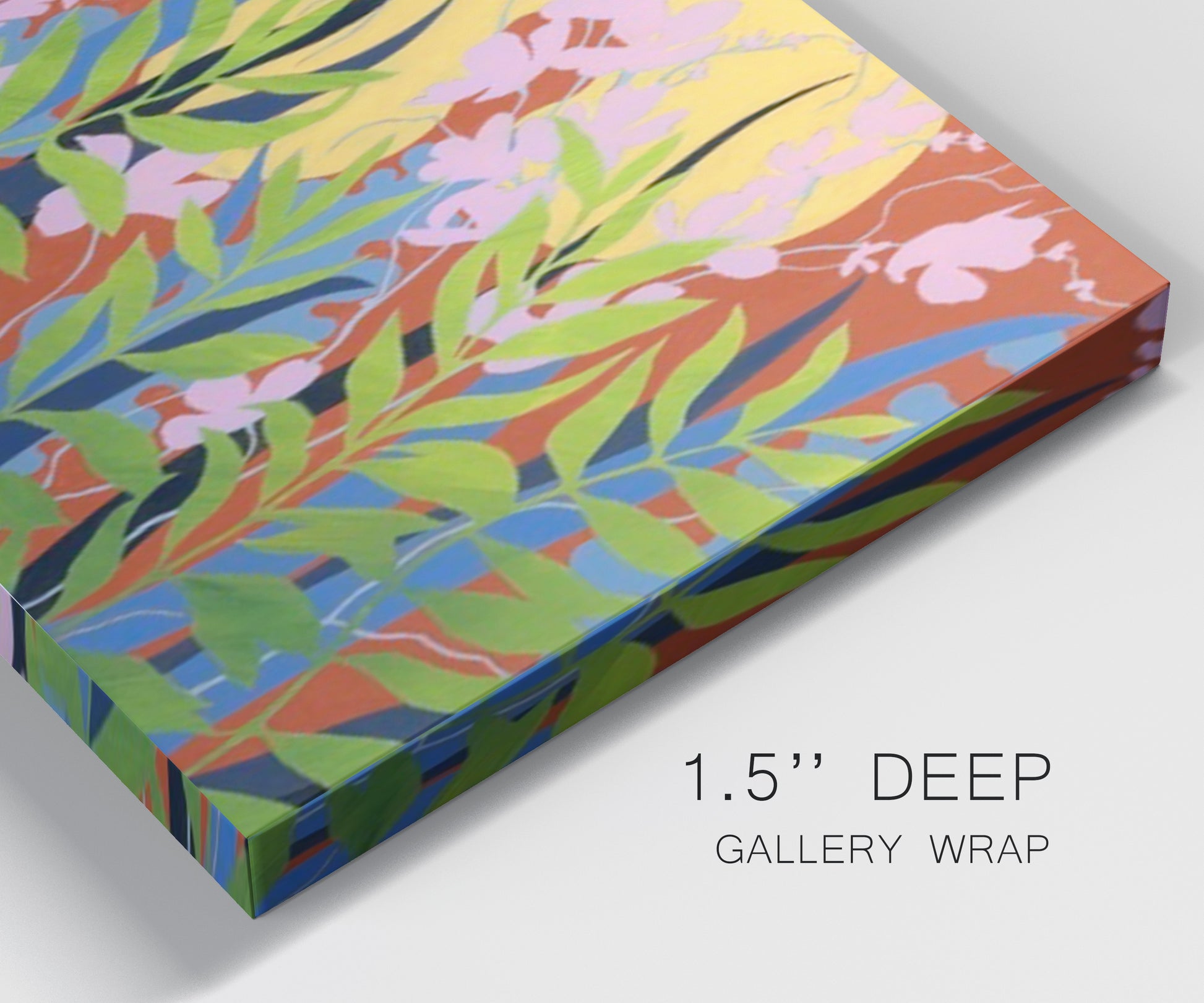 Close-up view of wrapped canvas corner featuring bold colorful floral abstraction.
