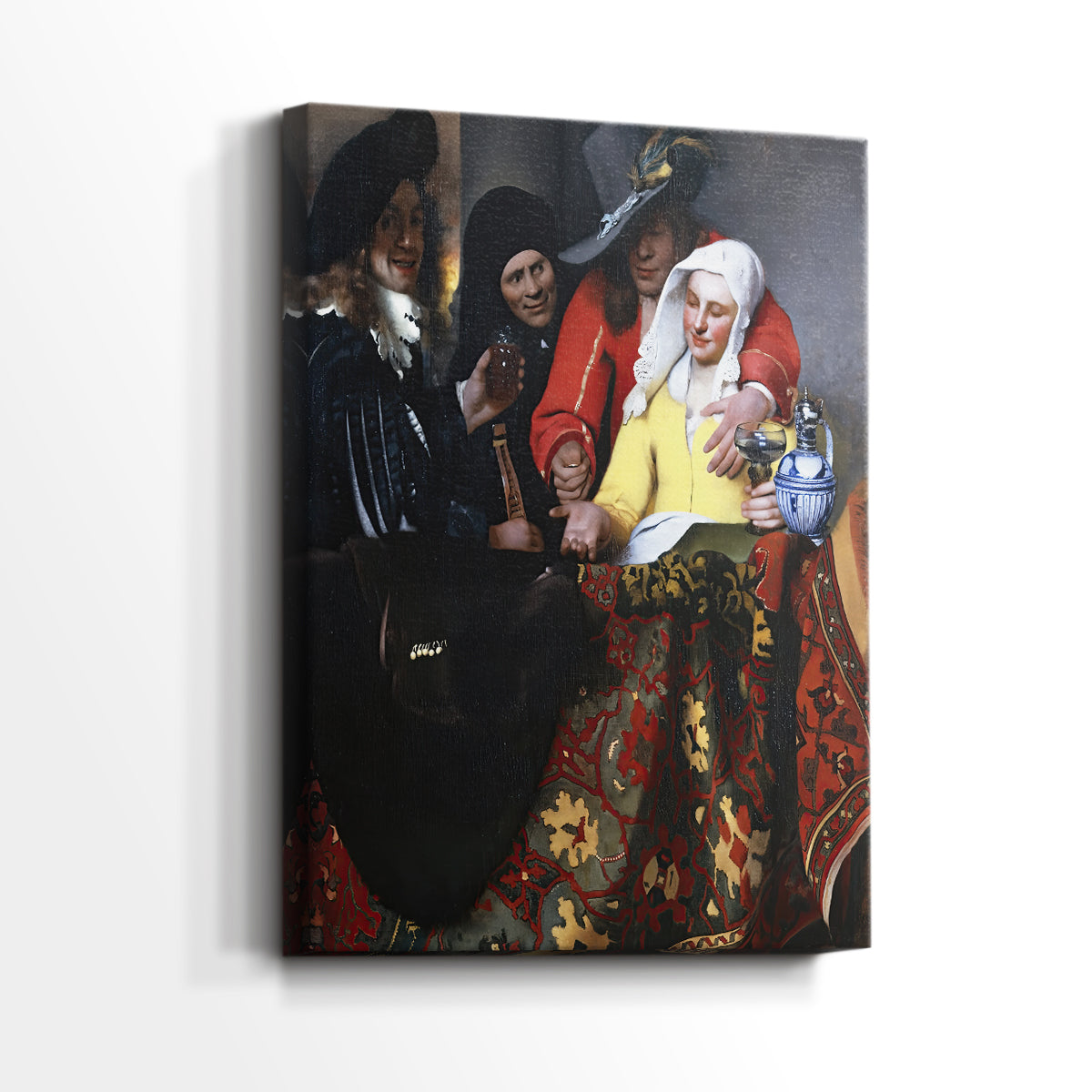 Side view of a canvas art print of a narrative scene with rich tones and interaction, showing gallery-wrapped depth.