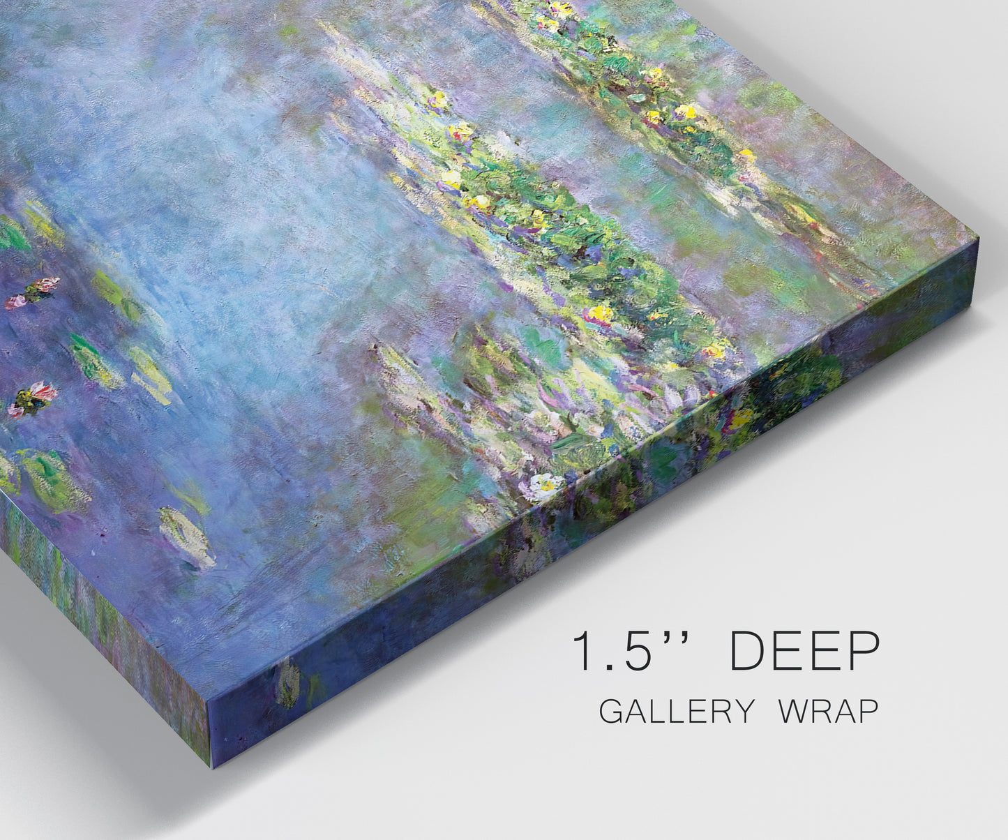 Close-up view of wrapped canvas corner featuring water lilies emerging through mist.