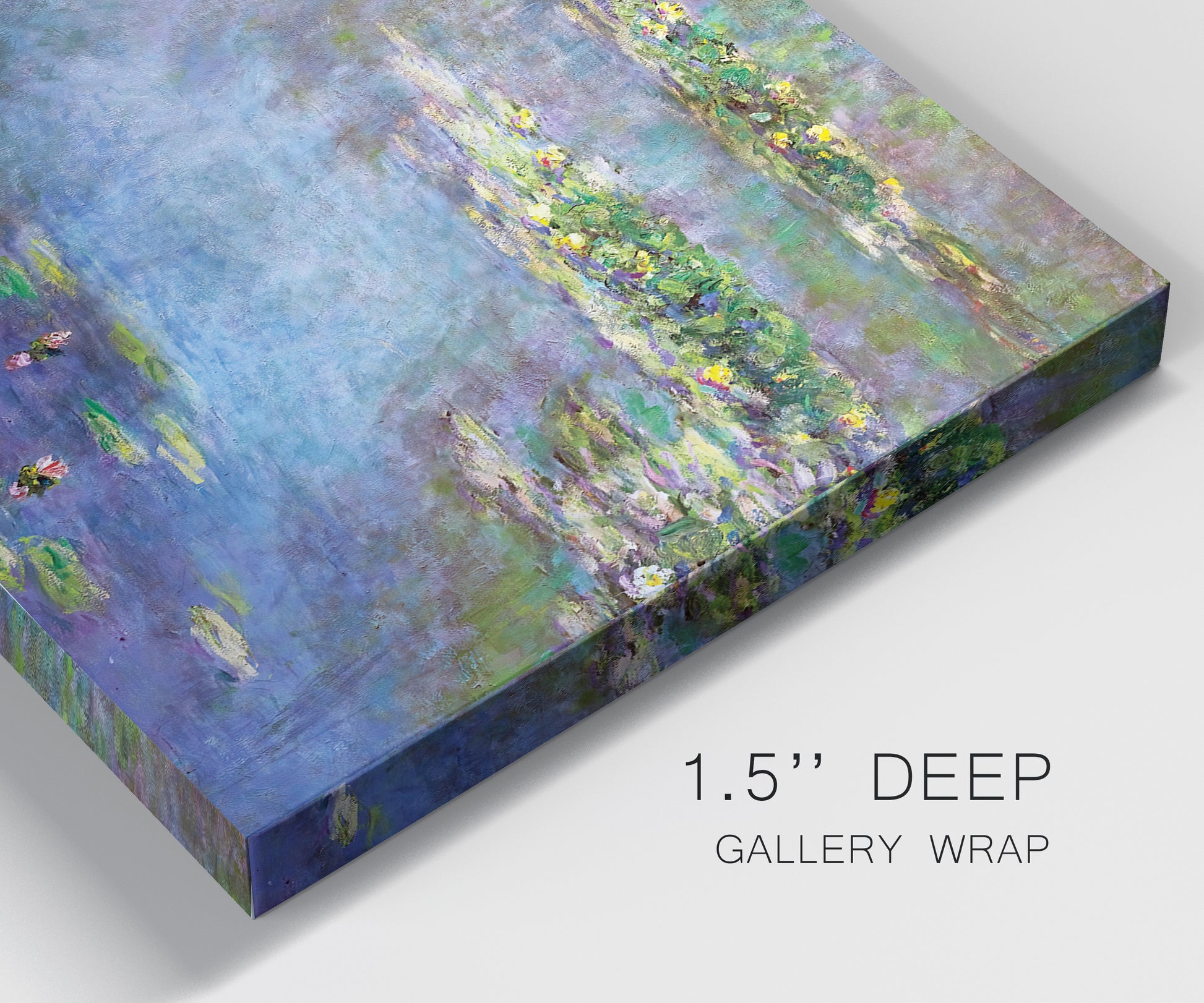 Close-up view of wrapped canvas corner featuring water lilies emerging through mist.