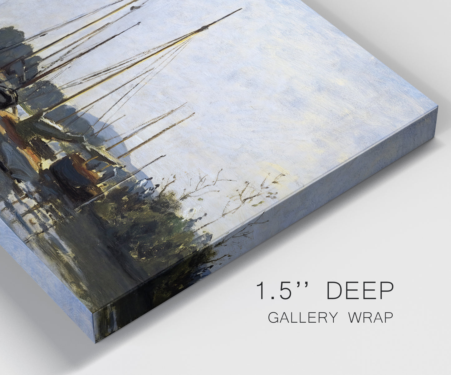 Close-up view of wrapped canvas corner featuring small pleasure boats on calm water.