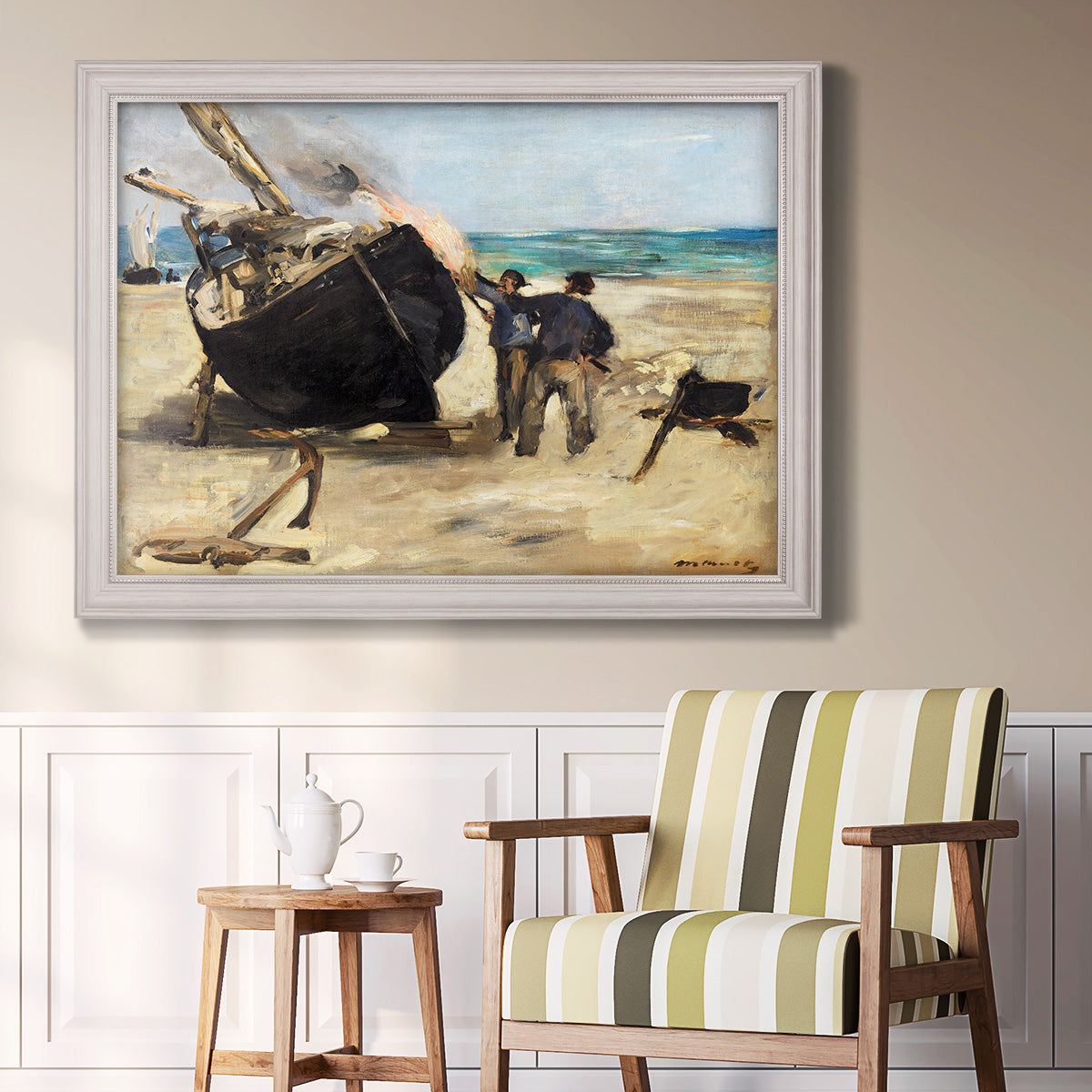 Impressionist nautical work scene by Édouard Manet in an ornate weathered white frame displayed in a light-toned interior setting.