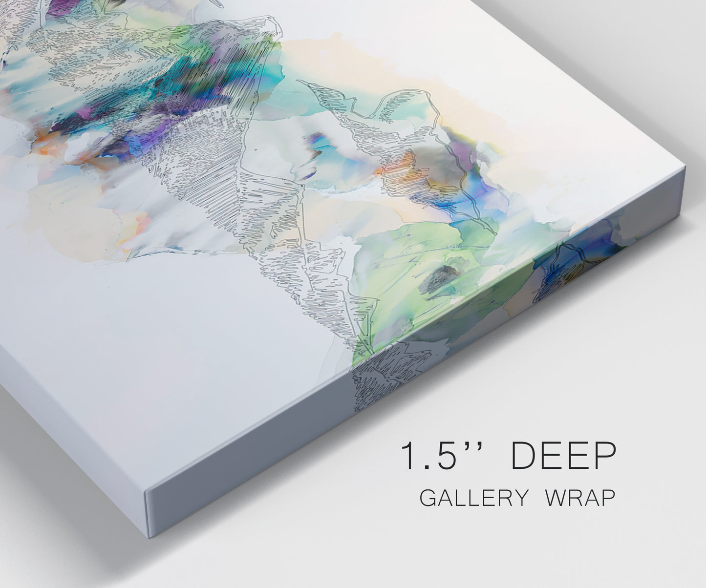 Close-up view of wrapped canvas corner featuring abstract mountain range watercolor.