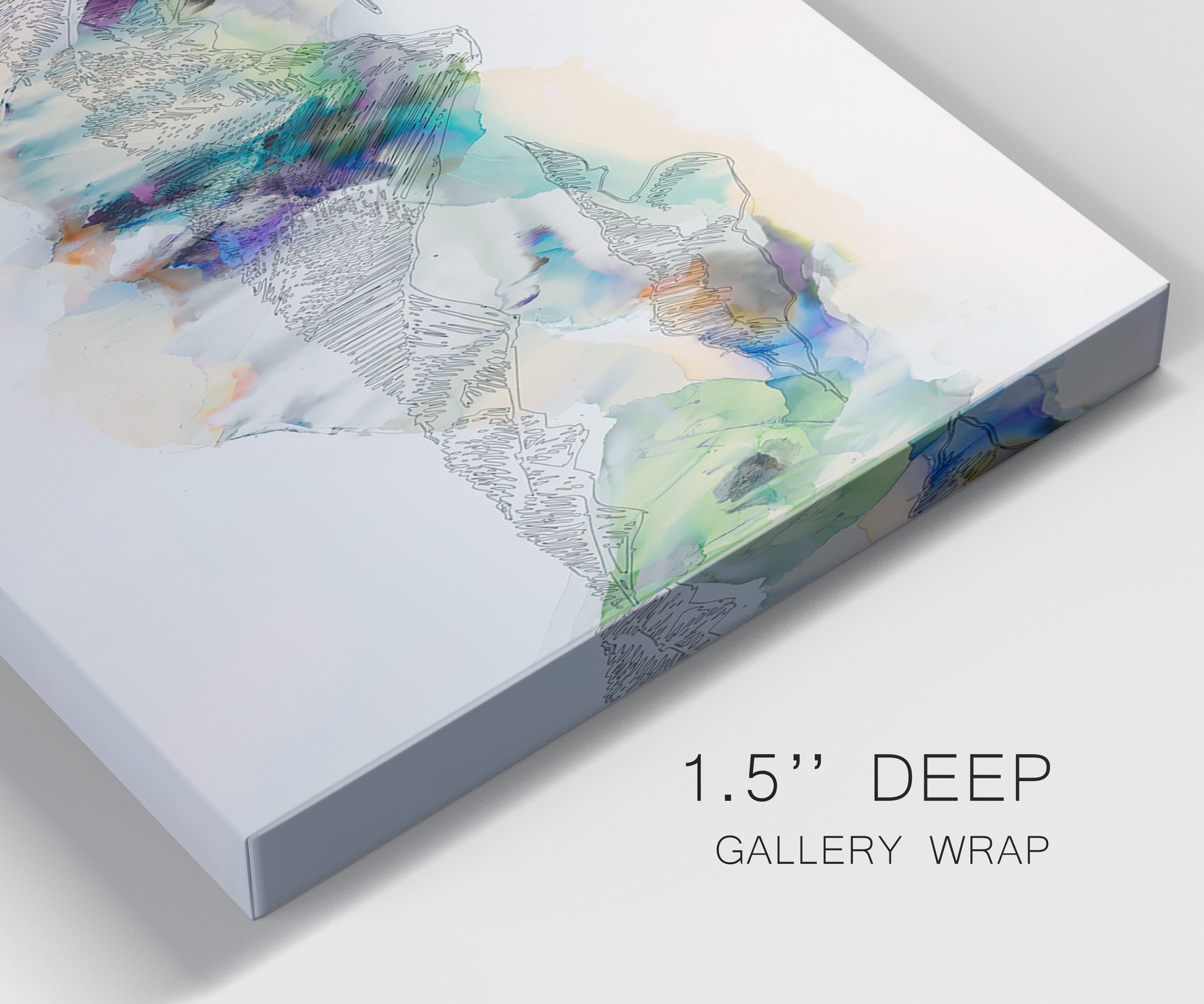 Close-up view of wrapped canvas corner featuring abstract mountain range watercolor.