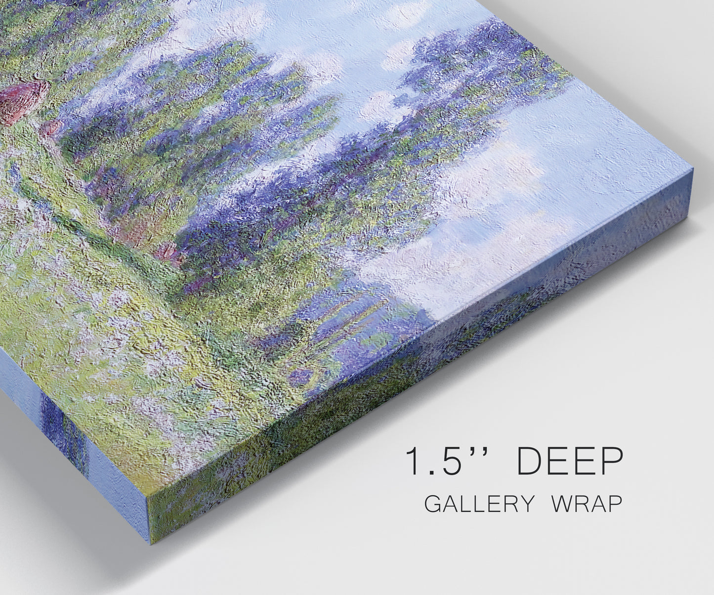 Close-up view of wrapped canvas corner featuring poppy field near garden village.