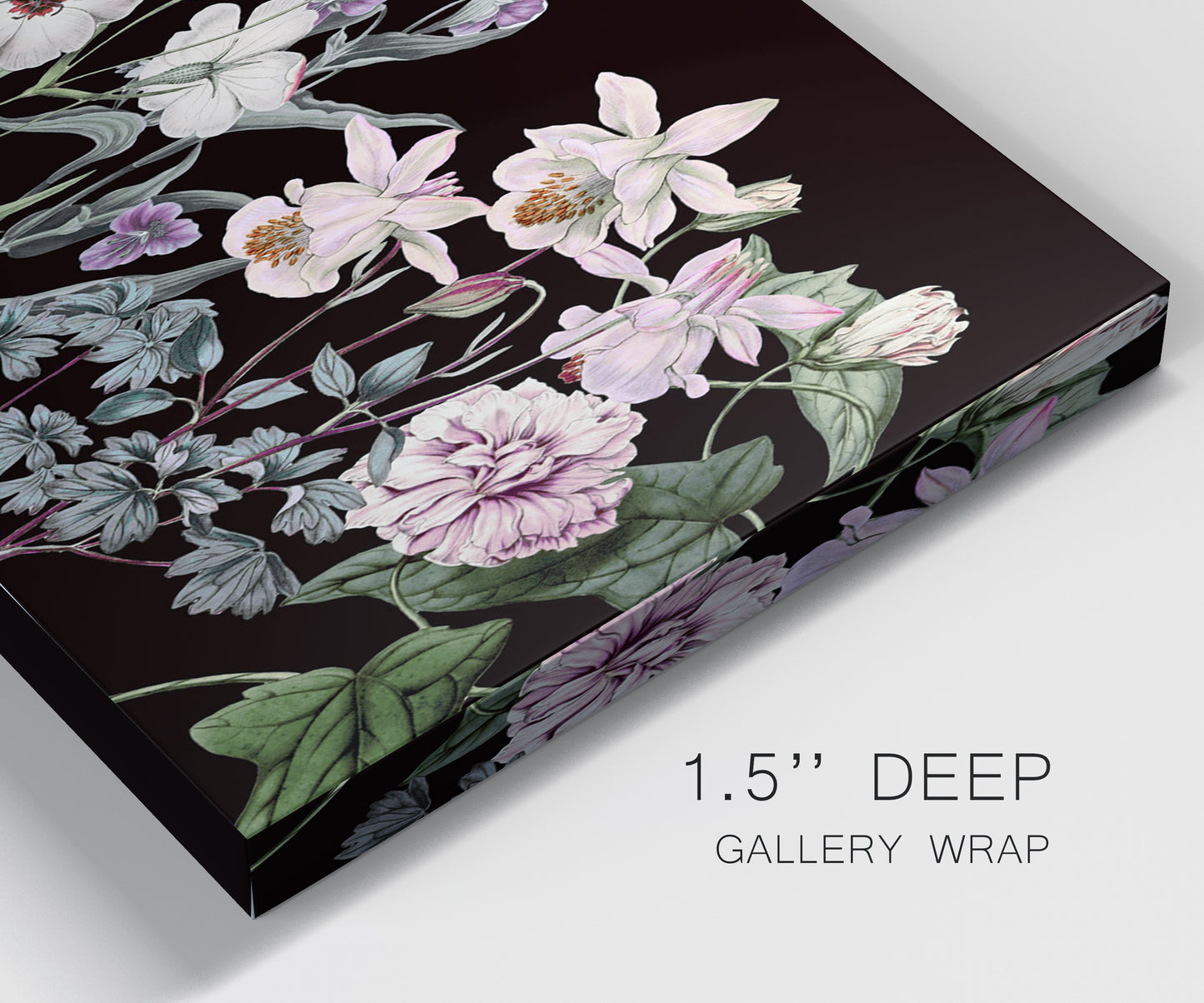 Close-up view of wrapped canvas corner featuring early spring blossoms in soft tones.