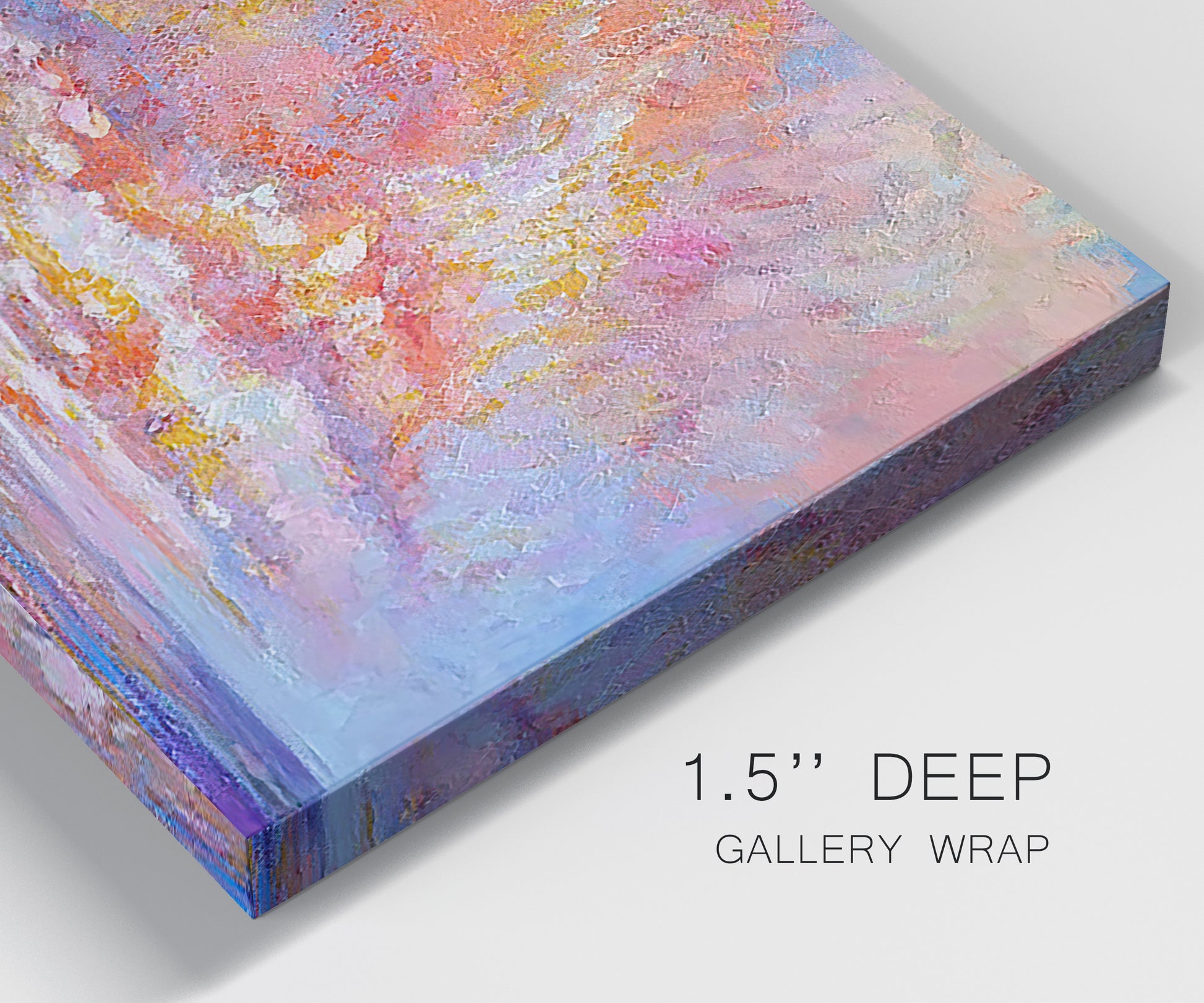 Close-up view of wrapped canvas corner featuring peaceful tropical inspired landscape.