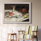 Impressionist still life painting of fish by Édouard Manet in an ornate weathered white frame displayed in a light-toned interior setting.