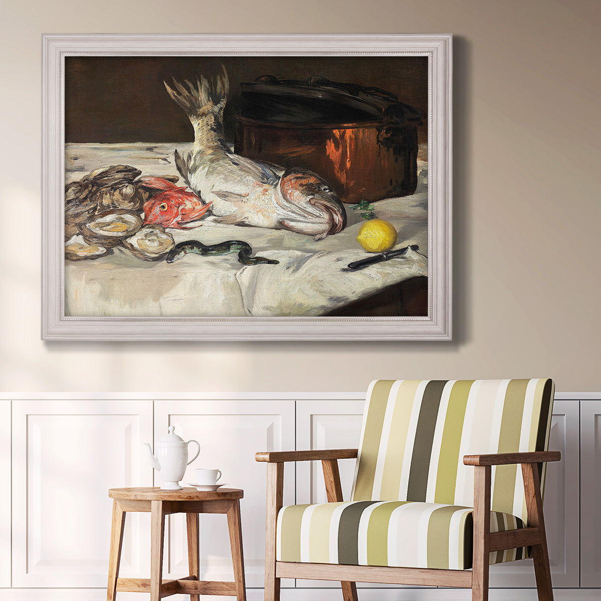 Impressionist still life painting of fish by Édouard Manet in an ornate weathered white frame displayed in a light-toned interior setting.