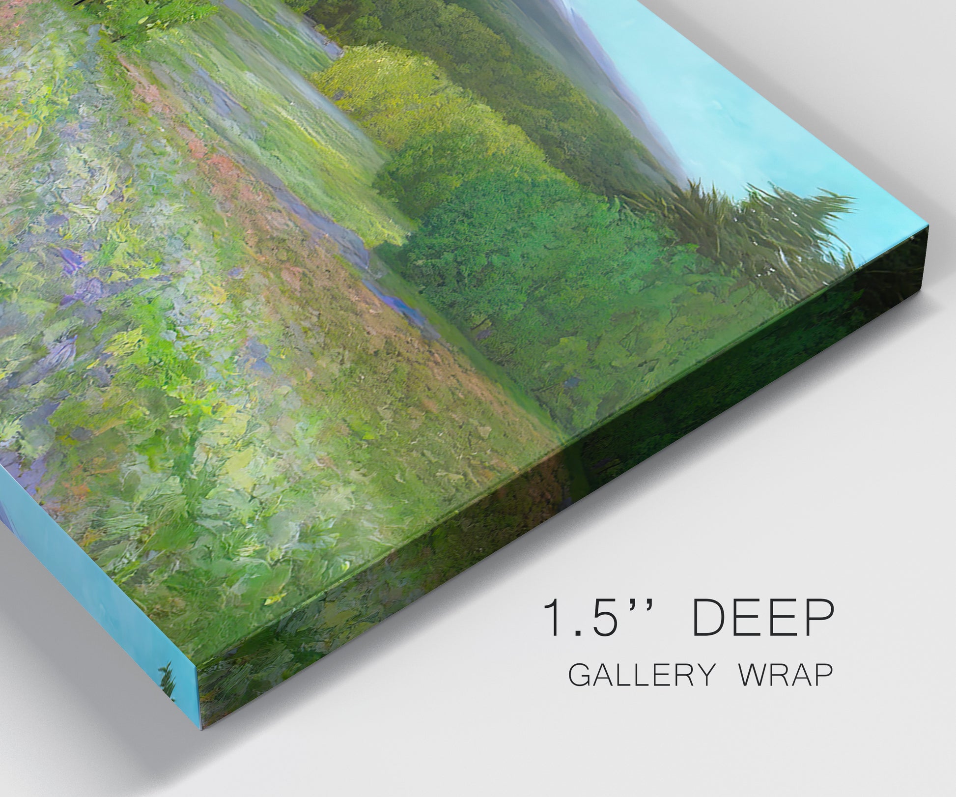 Close-up view of wrapped canvas corner featuring fresh spring meadow landscape.