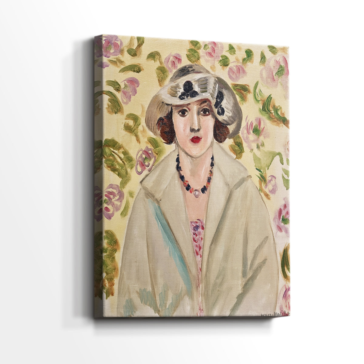 Side view of a canvas art print of a refined portrait with gentle color and clean lines, showing gallery-wrapped depth.