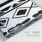 Close-up view of wrapped canvas corner featuring geometric abstract forms merging pattern.