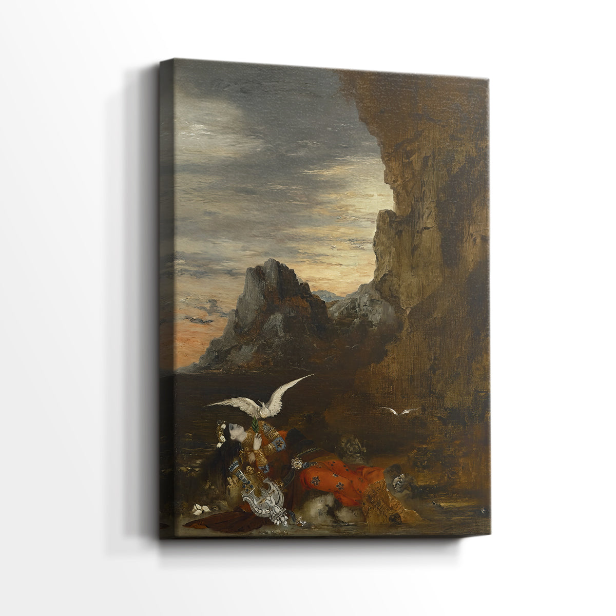 Side view of a canvas art print of a tragic moment depicted with strong movement and contrast, showing gallery-wrapped depth.