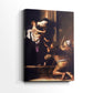 Side view of a canvas art print of a devotional scene with strong contrast and earthy tones, showing gallery-wrapped depth.