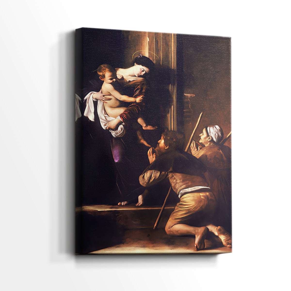 Side view of a canvas art print of a devotional scene with strong contrast and earthy tones, showing gallery-wrapped depth.