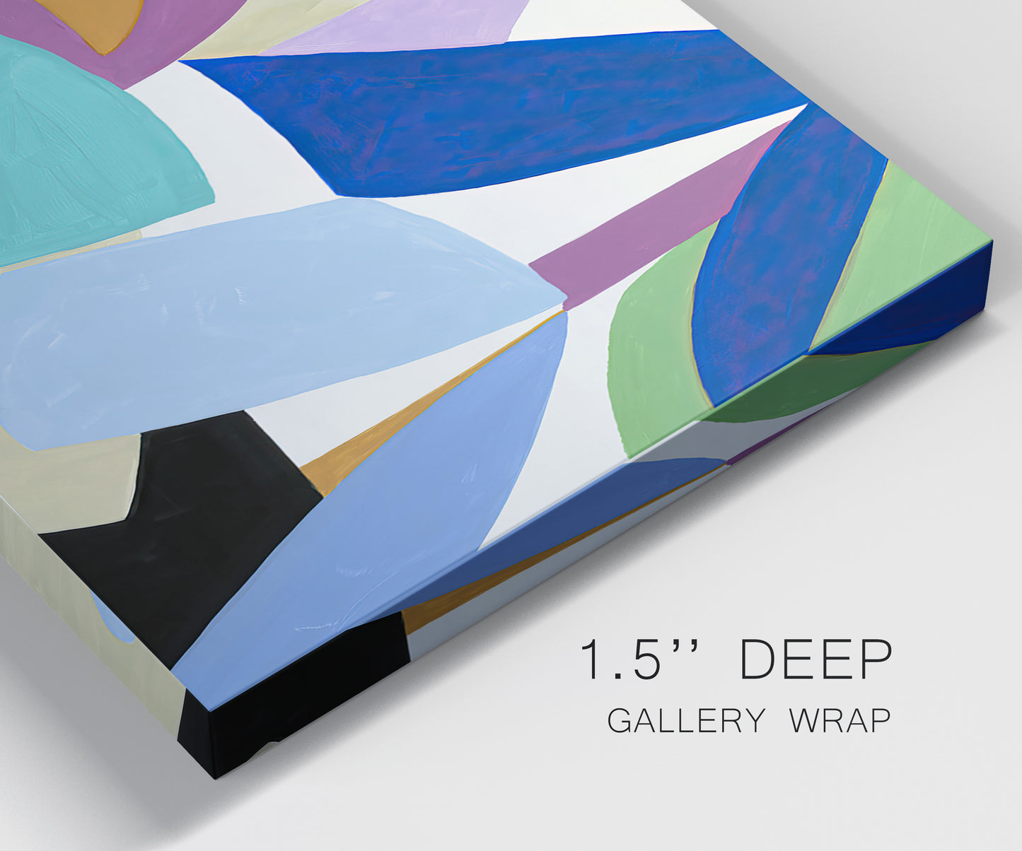 Close-up view of wrapped canvas corner featuring colorful abstract homage to modernism.