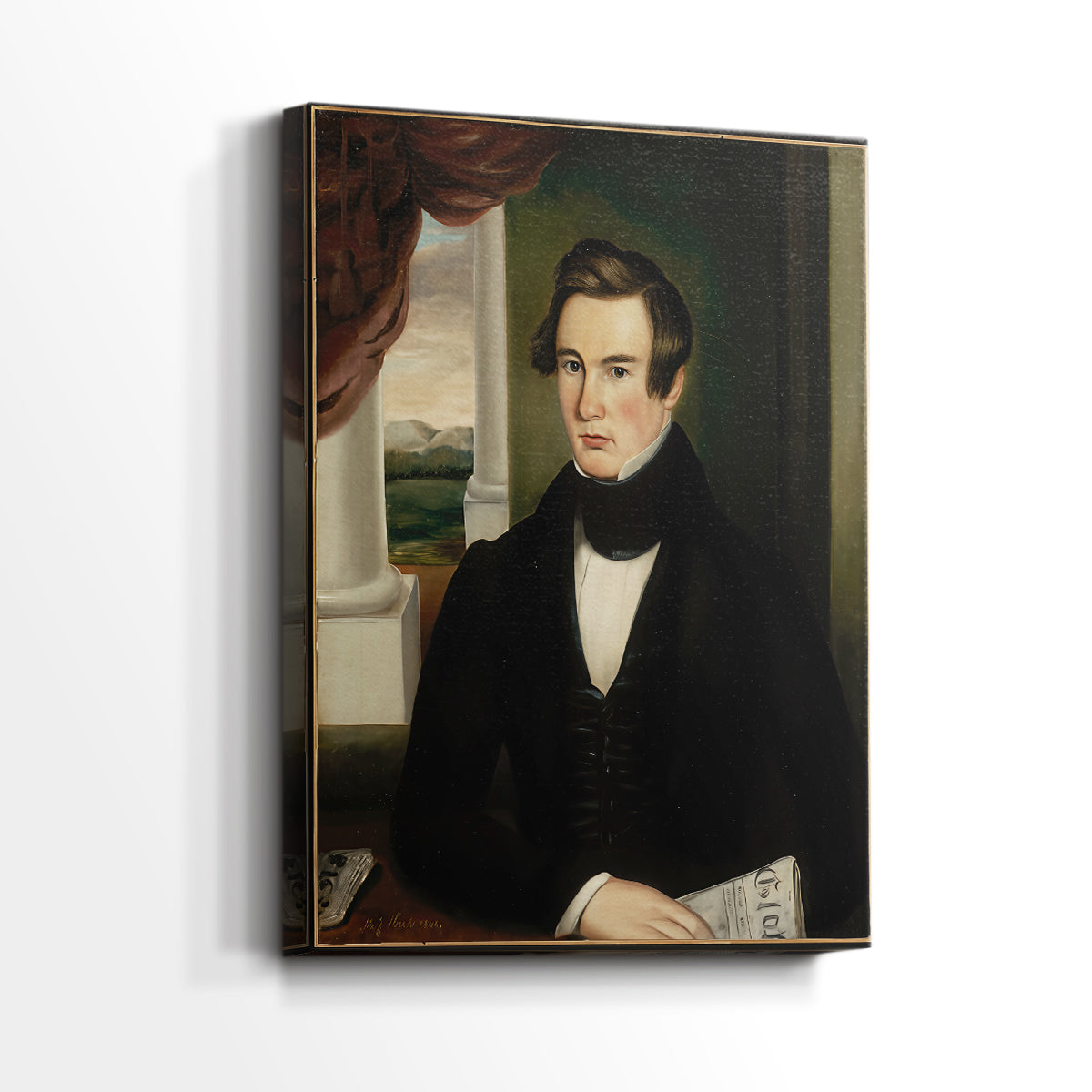 Side view of a canvas art print of a refined portrait with minimal background and smooth tones, showing gallery-wrapped depth.