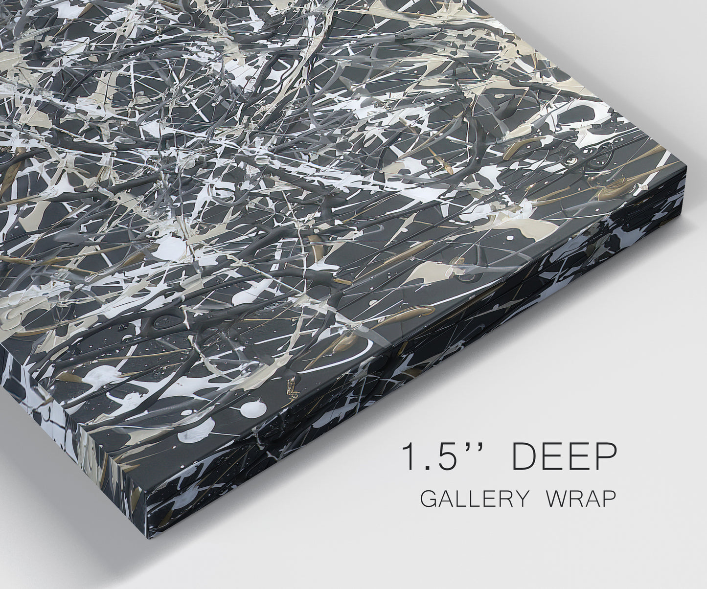 Close-up view of wrapped canvas corner featuring energetic expressionist abstract splatter.
