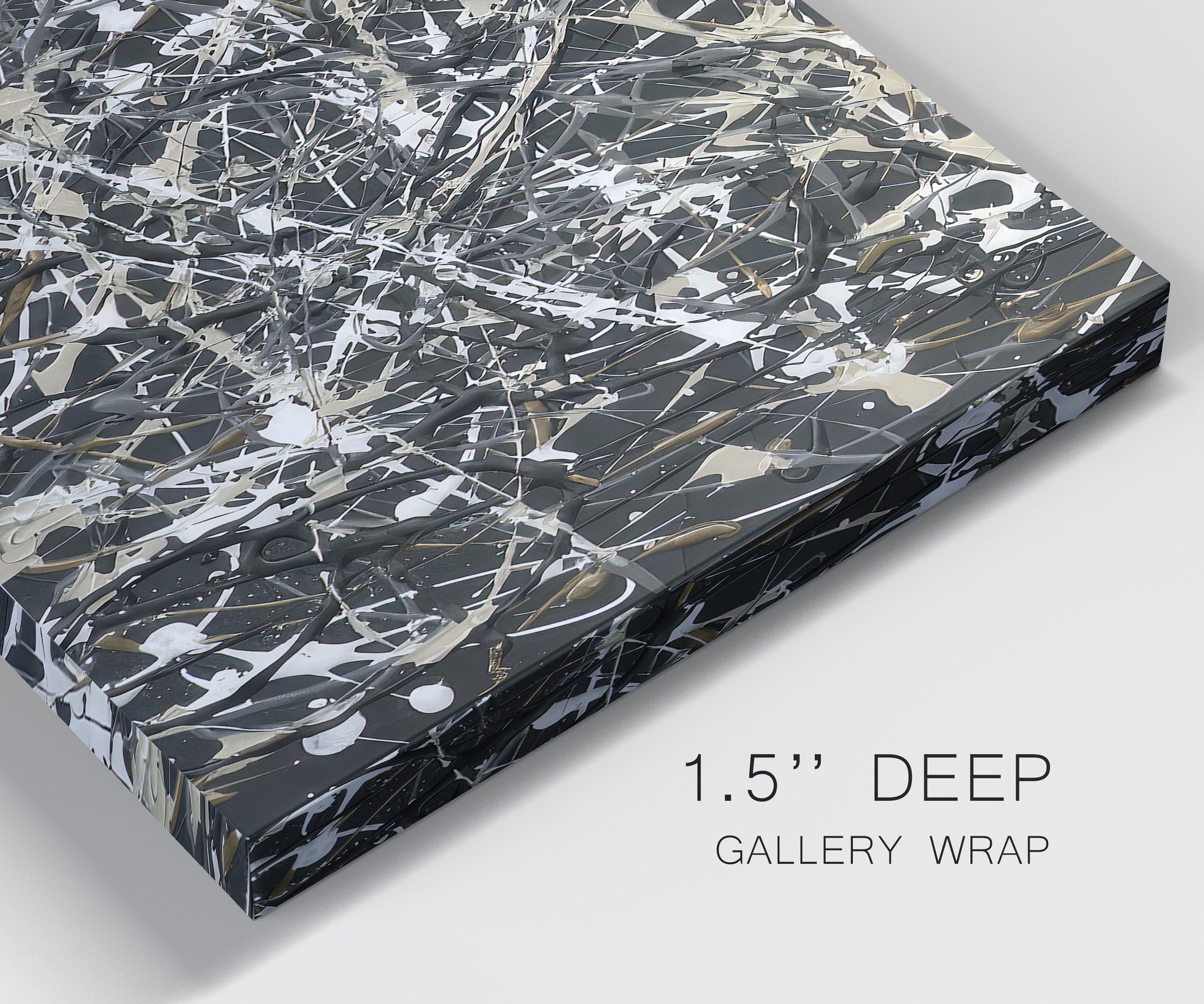 Close-up view of wrapped canvas corner featuring energetic expressionist abstract splatter.