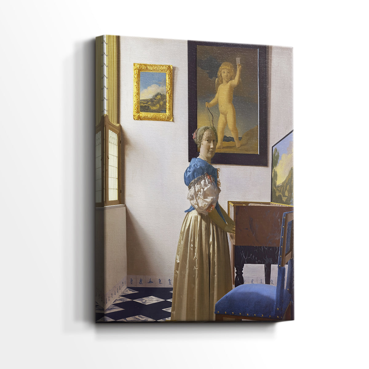 Side view of a canvas art print of a quiet room with figure and instrument in gentle illumination, showing gallery-wrapped depth.