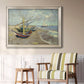 Impressionist coastal fishing boats scene by Vincent van Gogh in an ornate champagne frame displayed in a light-toned interior setting.