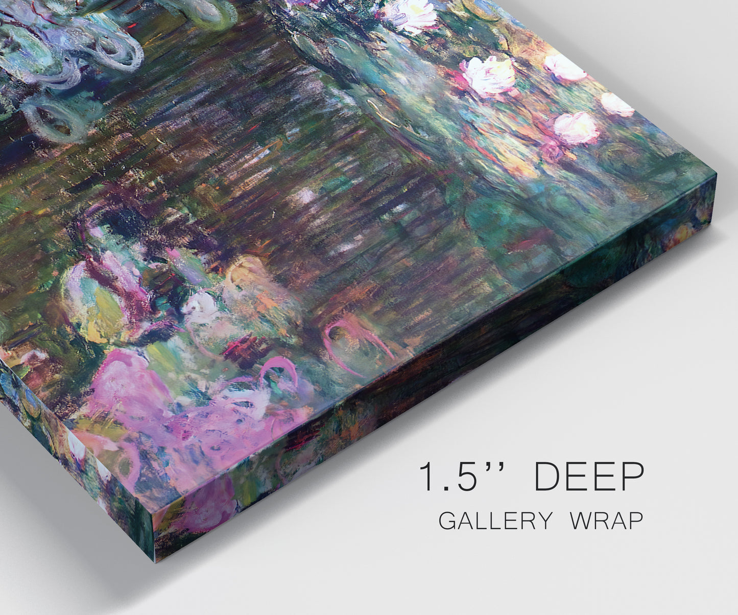Close-up view of wrapped canvas corner featuring water lilies with willow reflections.