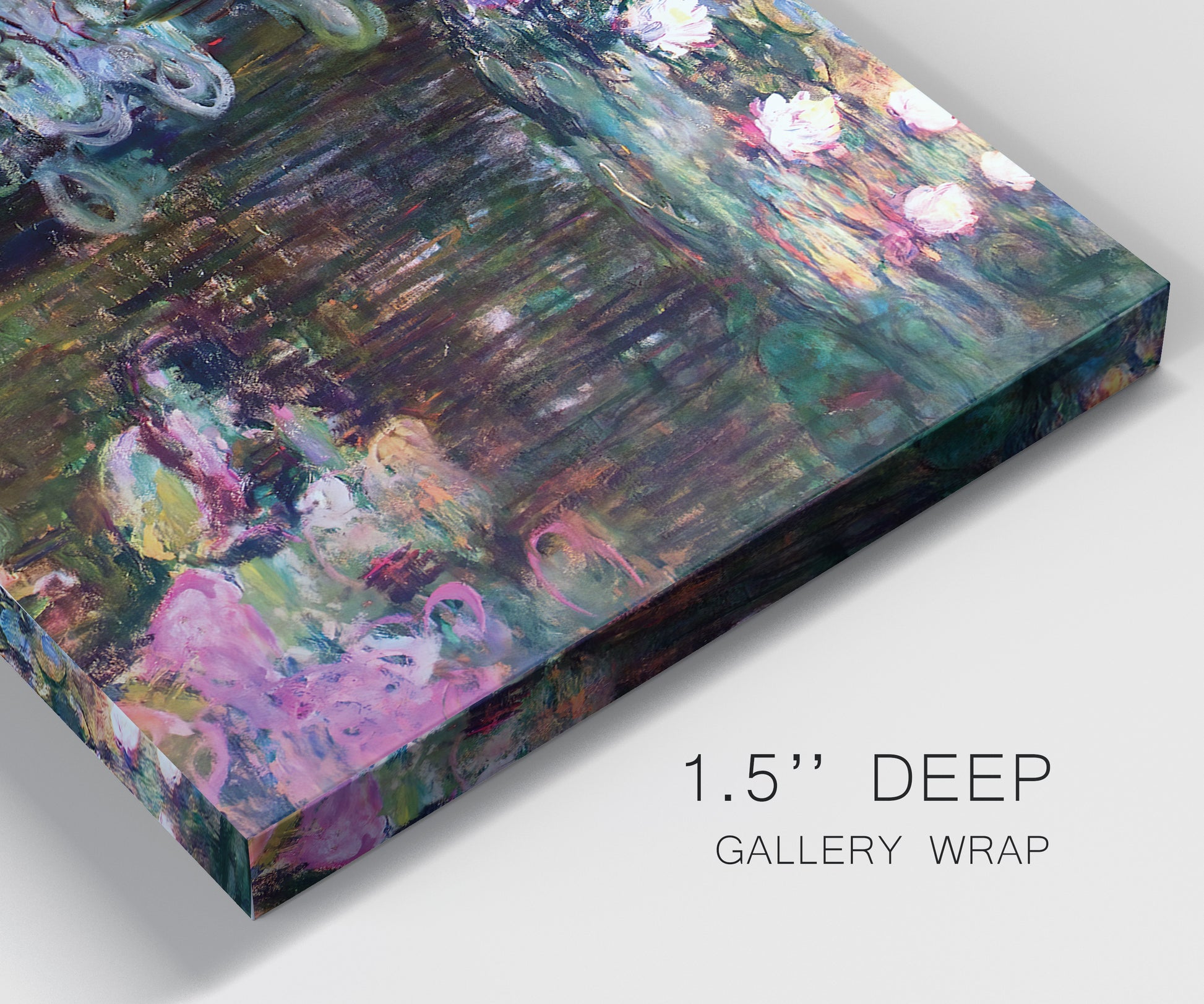 Close-up view of wrapped canvas corner featuring water lilies with willow reflections.