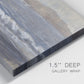 Close-up view of wrapped canvas corner featuring shoreline between land and sea.
