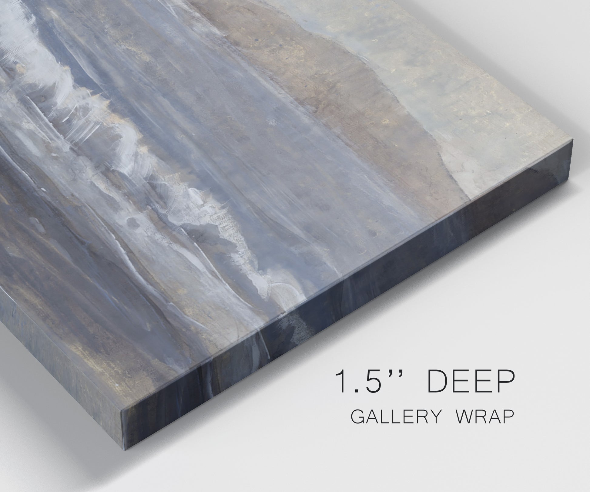 Close-up view of wrapped canvas corner featuring shoreline between land and sea.