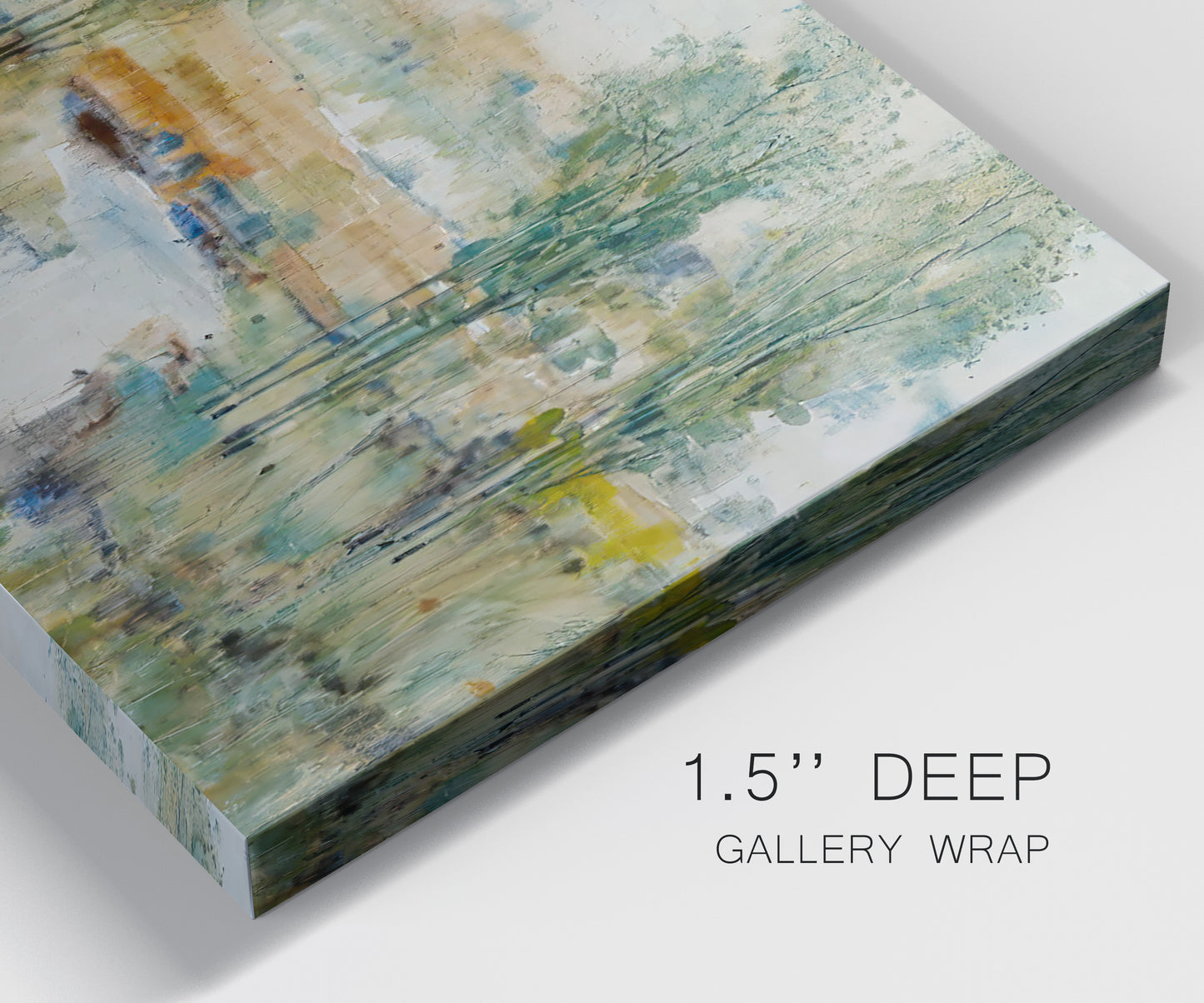 Close-up view of wrapped canvas corner featuring trees lining quiet creek.
