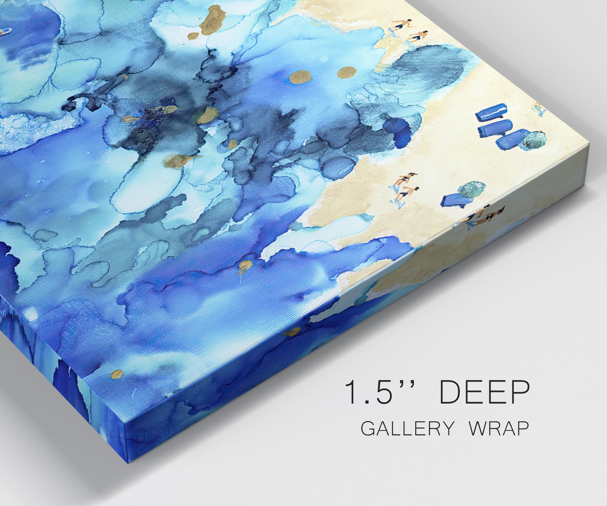 Close-up view of wrapped canvas corner featuring abstract coastal beach color fields.