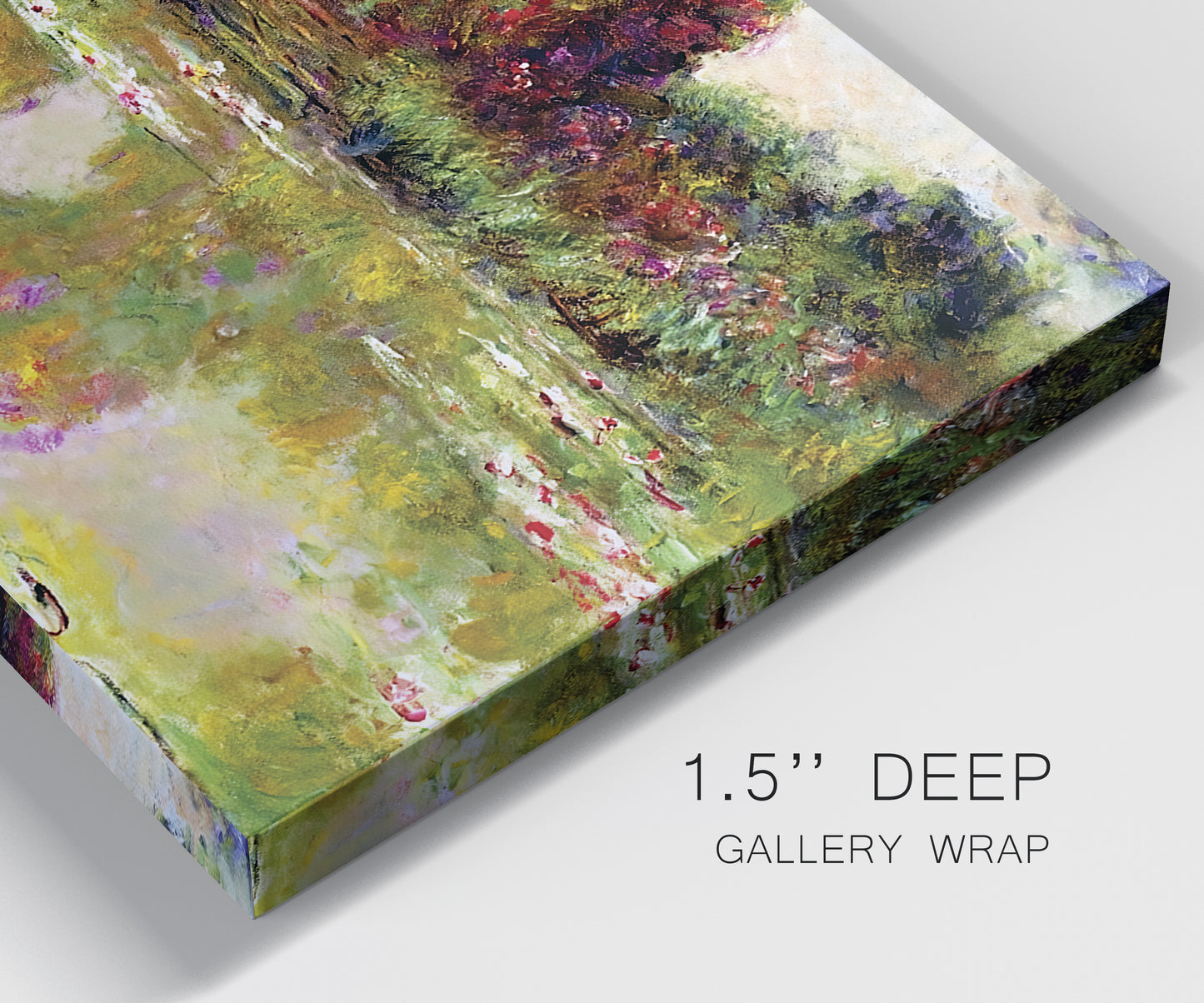 Close-up view of wrapped canvas corner featuring arched rose garden walkway.