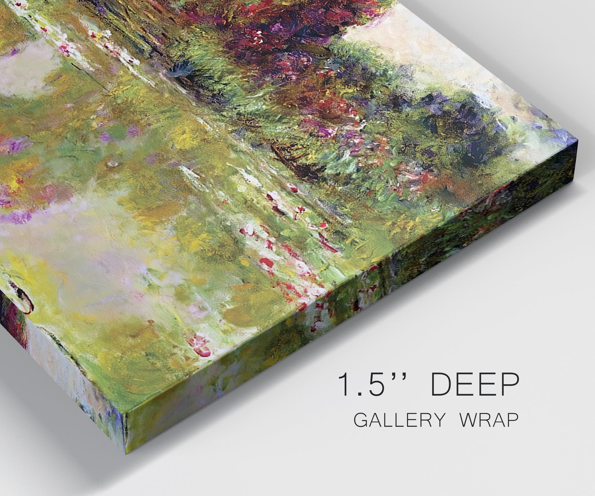 Close-up view of wrapped canvas corner featuring arched rose garden walkway.