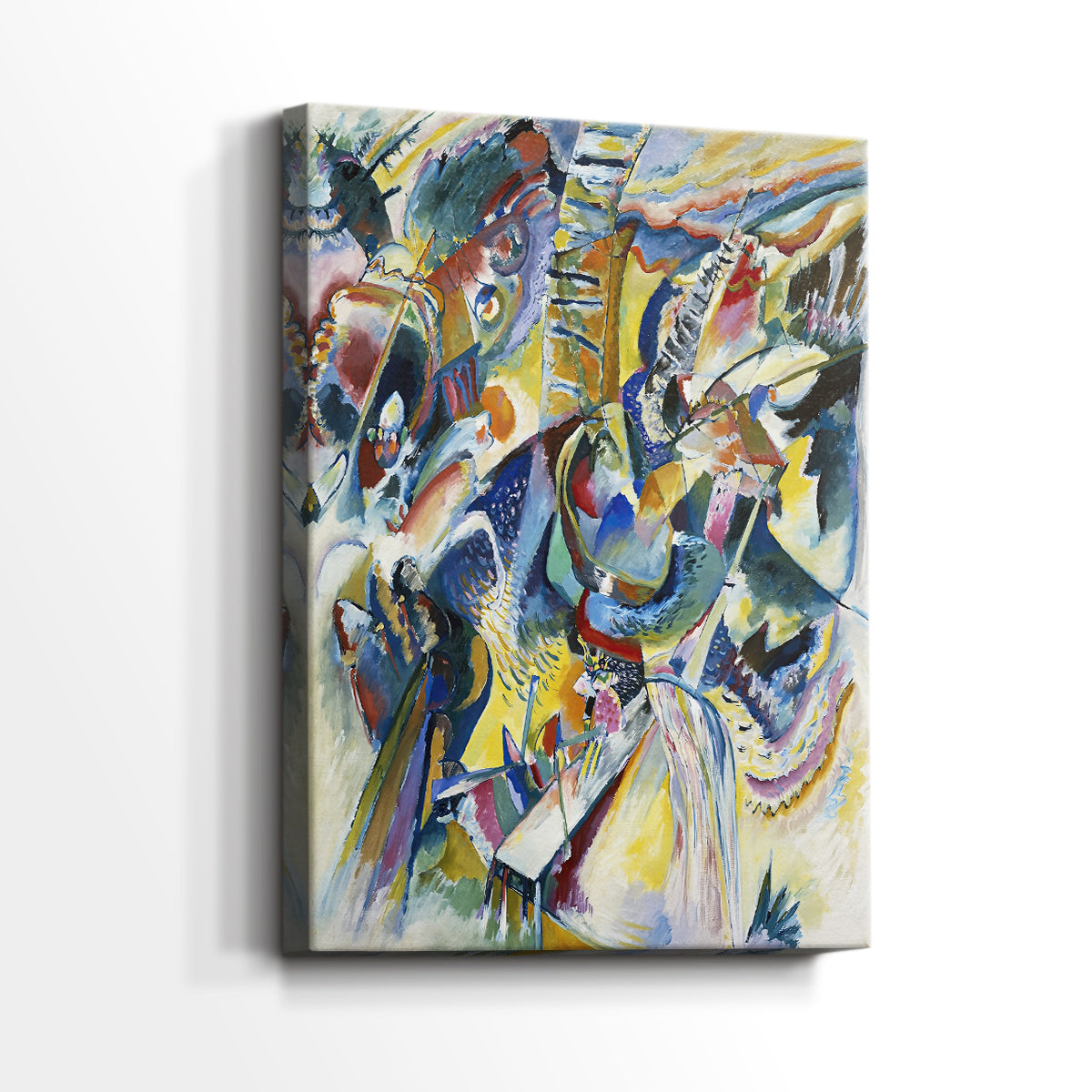 Side view of a canvas art print of a modern composition with layered movement and texture, showing gallery-wrapped depth.