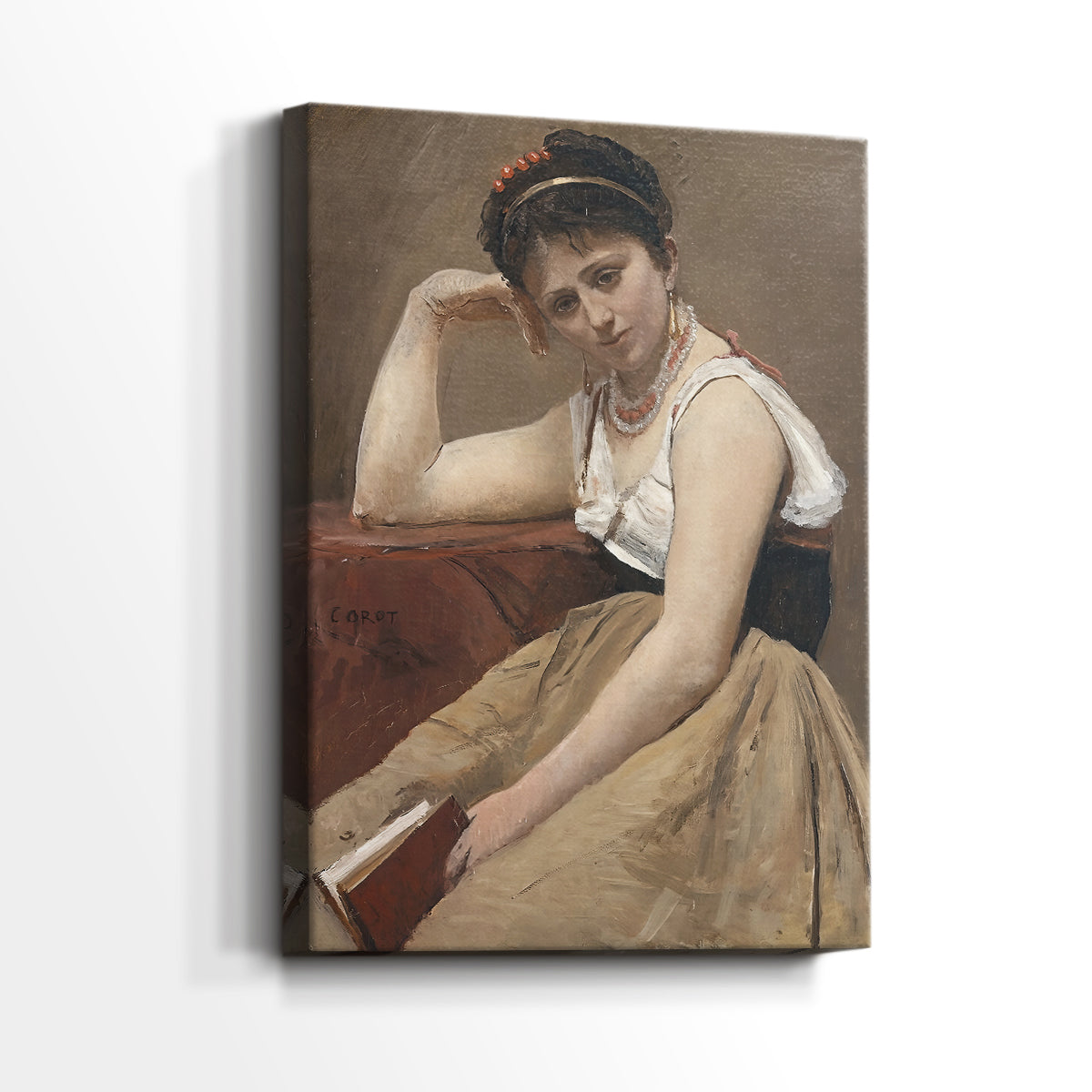 Side view of a canvas art print of a calm composition with gentle tones and relaxed posture, showing gallery-wrapped depth.