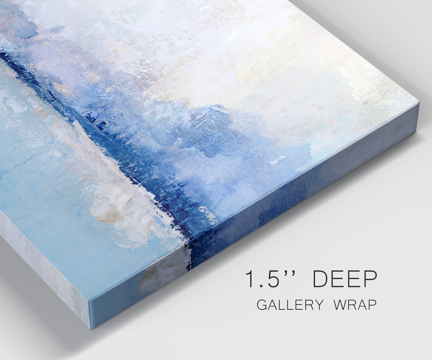 Close-up view of wrapped canvas corner featuring abstract bay with rhythmic forms.