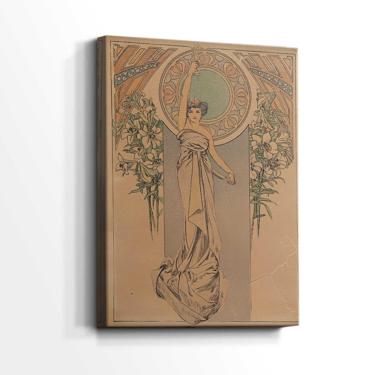 Side view of a canvas art print of a decorative print with intricate borders and soft tones, showing gallery-wrapped depth.