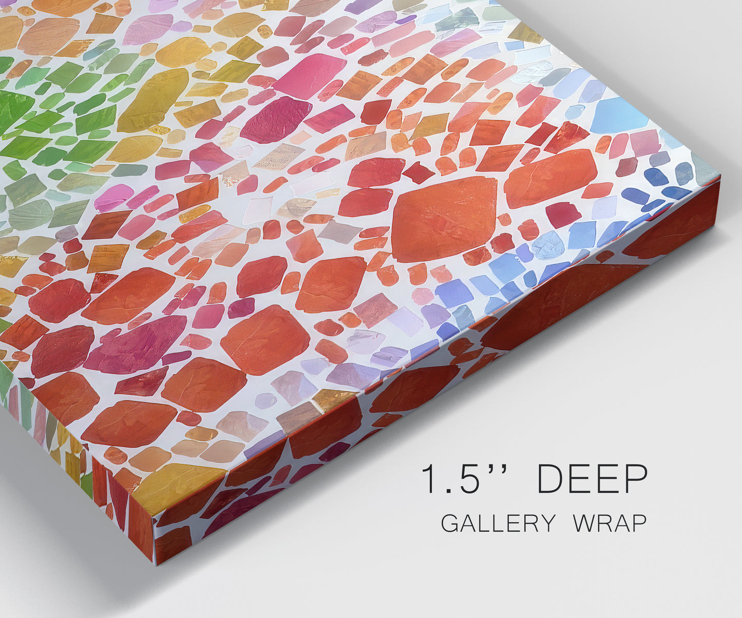 Close-up view of wrapped canvas corner featuring peaceful tropical inspired landscape.