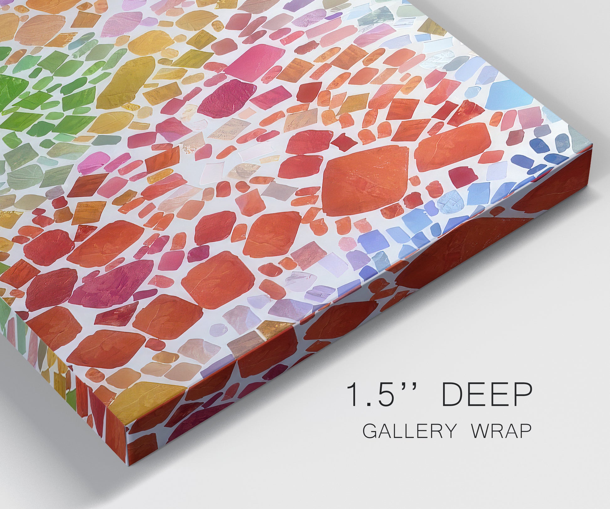 Close-up view of wrapped canvas corner featuring peaceful tropical inspired landscape.