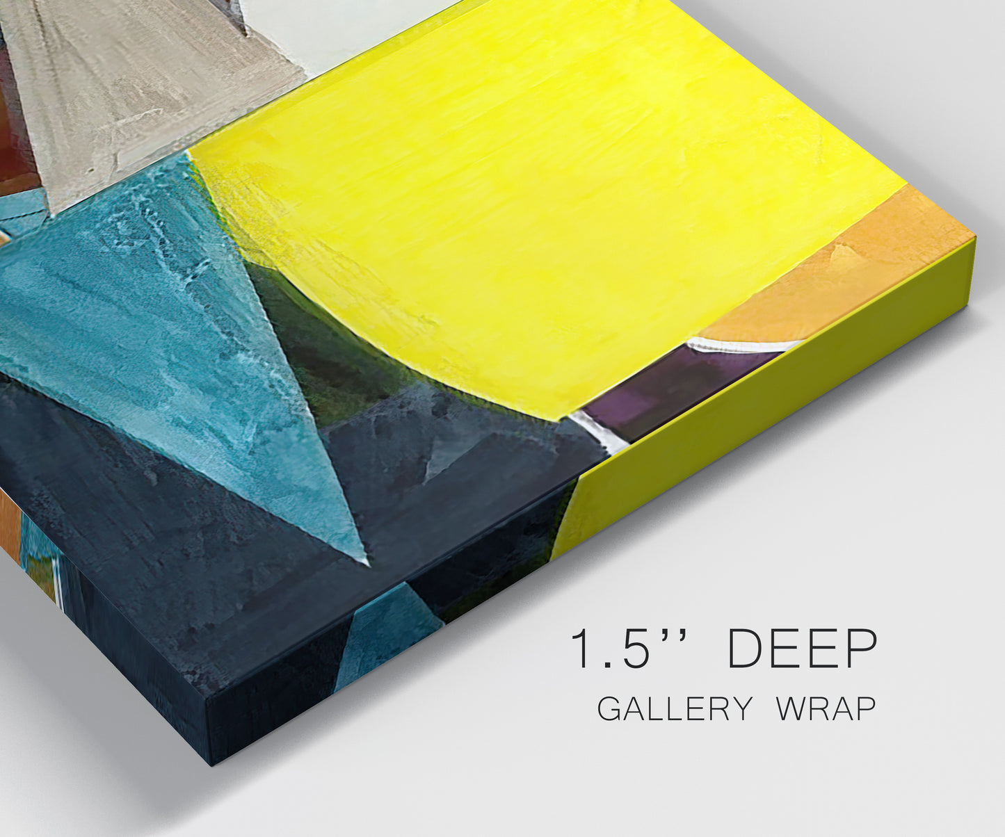 Close-up view of wrapped canvas corner featuring geometric mid century abstract blocks.