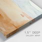 Close-up view of wrapped canvas corner featuring minimal horizon with soft blue tones.